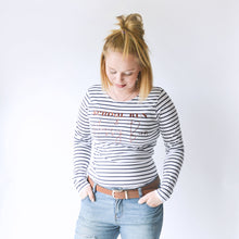 'School Run & Messy Bun' Long Sleeve Striped T-shirt - Navy/White