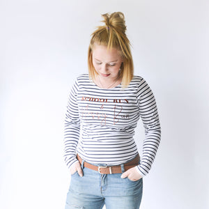 'School Run & Messy Bun' Long Sleeve Striped T-shirt - Navy/White
