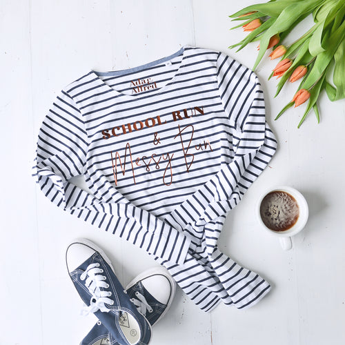 'School Run & Messy Bun' Long Sleeve Striped T-shirt - Navy/White